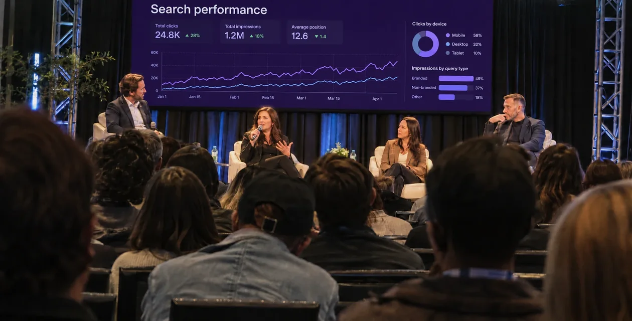 Un panel sul palco davanti a una dashboard sul rendimento nella ricerca