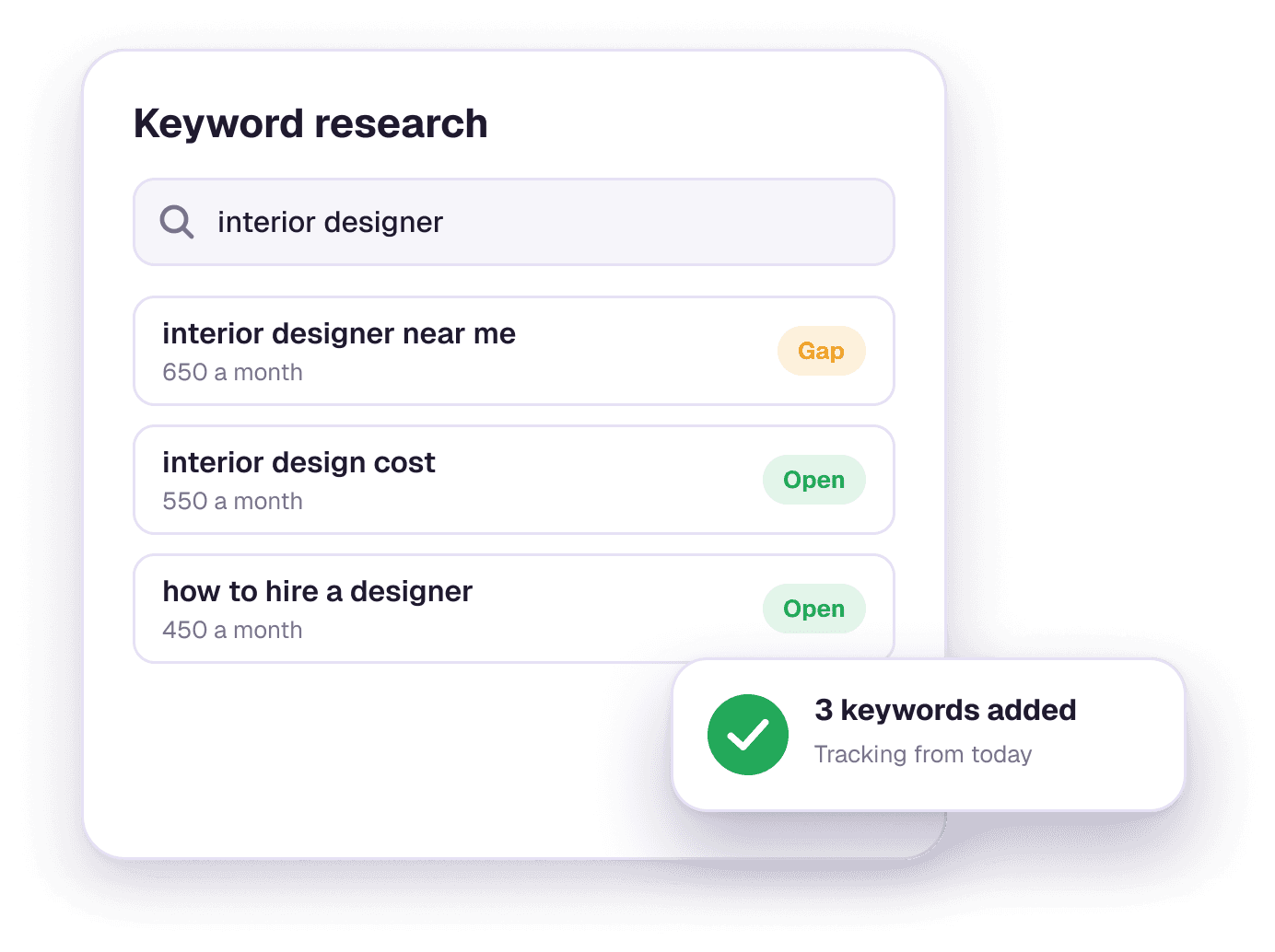Ricerca di keyword per interior designer, con tre keyword aggiunte al monitoraggio
