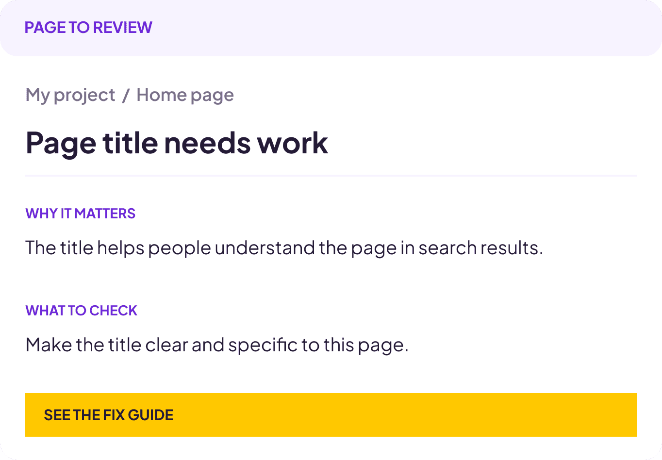 An issue card for the home page explaining why the page title matters and what to check