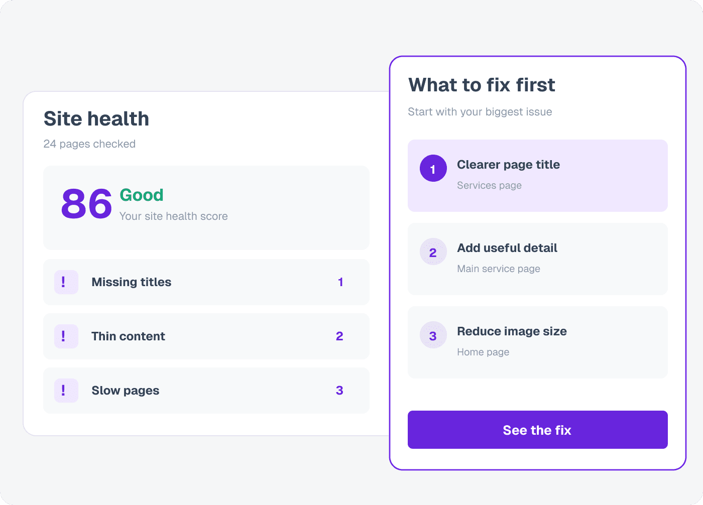 UtilitySEO site health panel with a score of 86 and a list of what to fix first