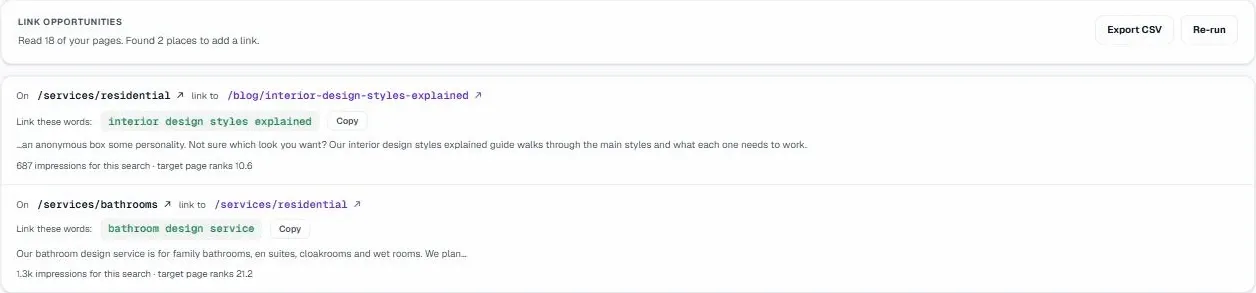 Link opportunities: the page, the words to link and the target page, with impressions and the target page rank